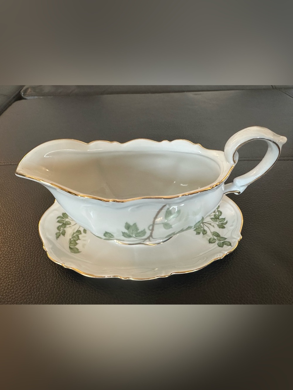 Vintage German Fine China Gravy Boat -Mitterteich Bavaria Green Leaves Gold Trim